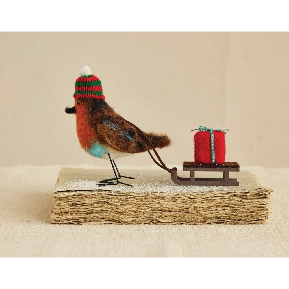 Handmade Wool Felt Robin Bird Pulling Sleigh Christmas Gift NEW 9"L *READ*